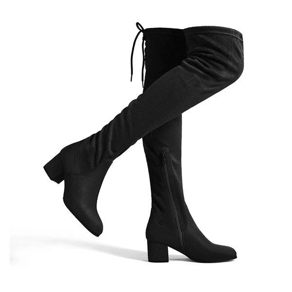 Block Heel Over The Knee High Boots - BLACK SUEDE -  0